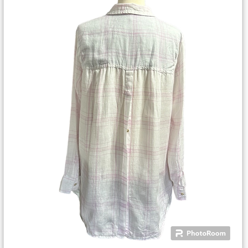Free People Pink & White Linen Button Down Shirt - Picture 2 of 7
